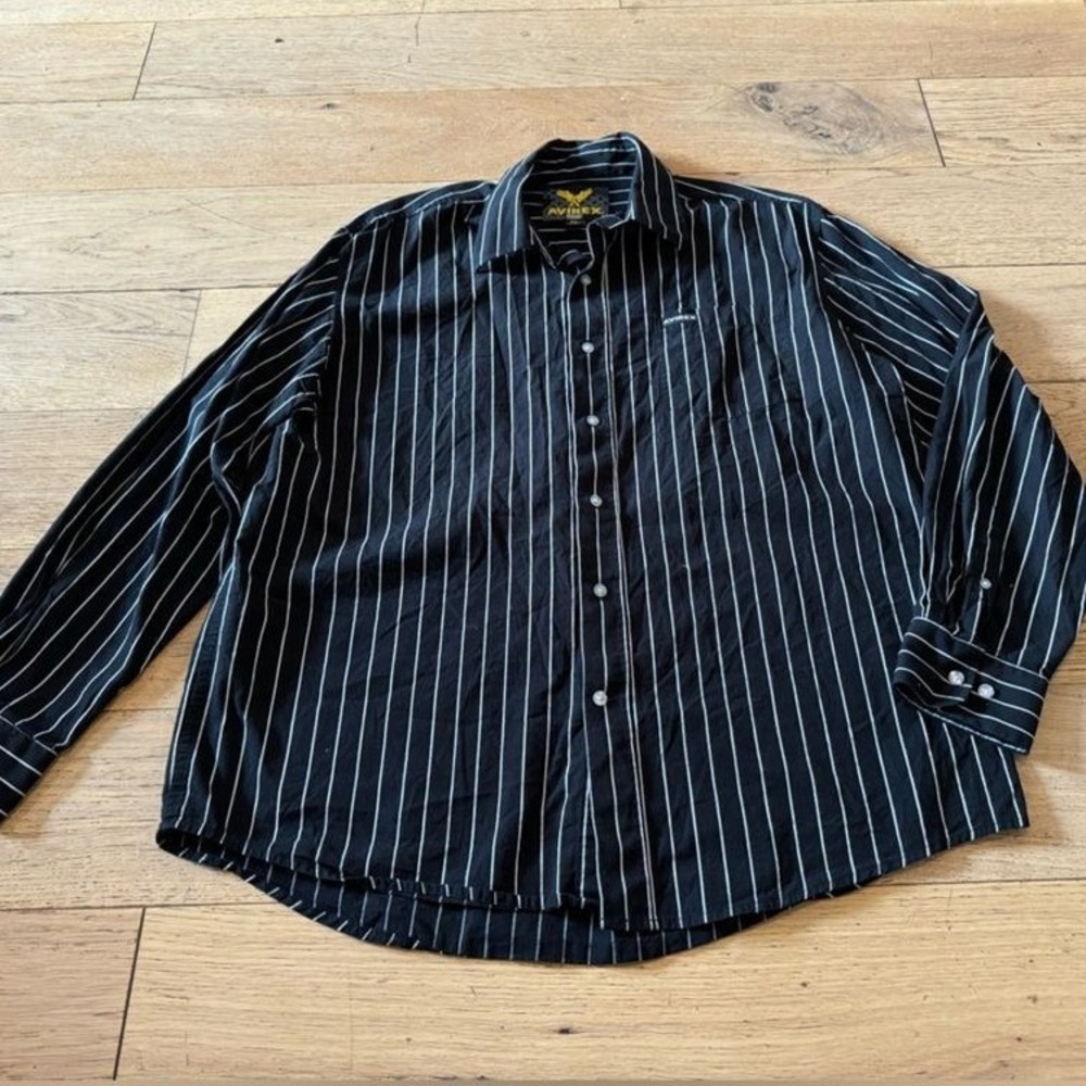 Avirex Mens XL Black White Pinstripe Long Sleeve Button Down Cotton Shirt (1145)